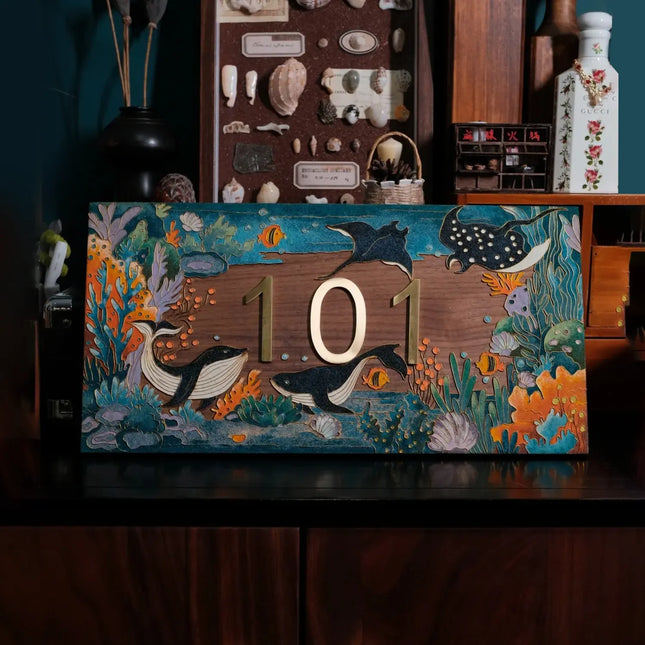 Artisanal Walnut Cloisonné Enamel Flat Door Sign 05
