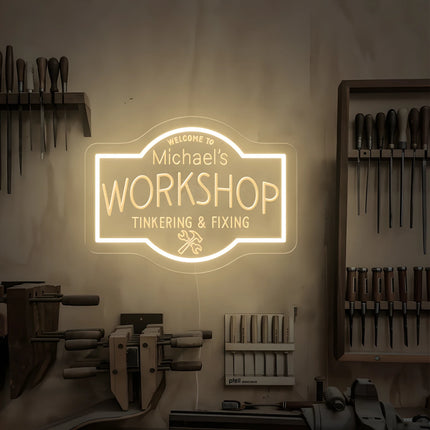 Custom Neon LED Workshop Sign – Personalized Studio or Garage Light for Him
