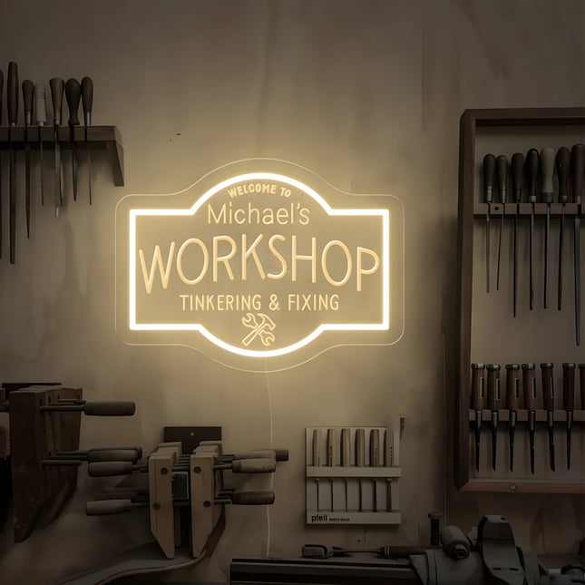Custom Neon LED Workshop Sign – Personalized Studio or Garage Light for Him
