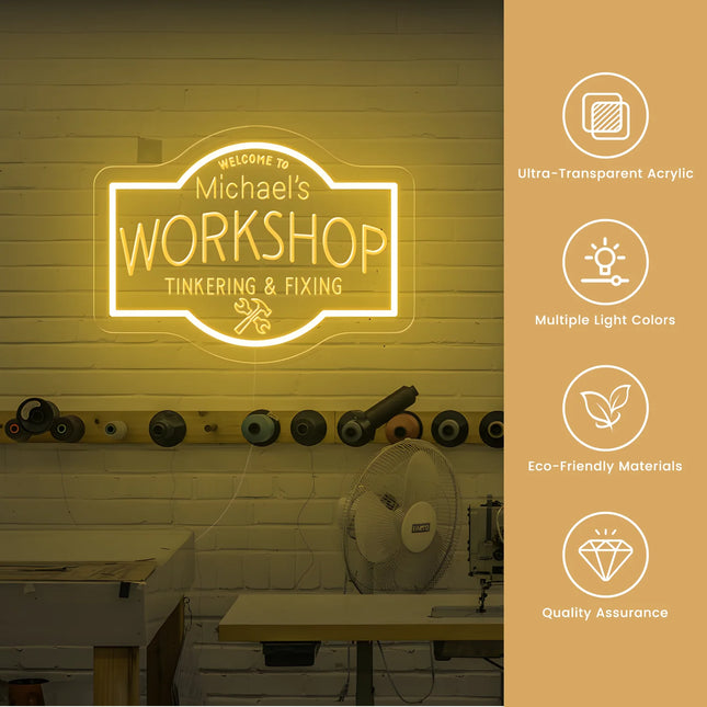 Custom Neon LED Workshop Sign – Personalized Studio or Garage Light for Him