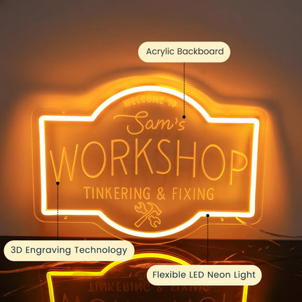 Custom Neon LED Workshop Sign – Personalized Studio or Garage Light for Him