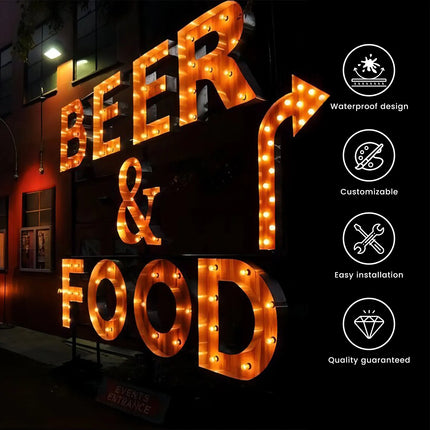 Custom Vintage Metal Marquee Sign with LED Bulbs – Industrial Illuminated Letters for Business or Home Decor