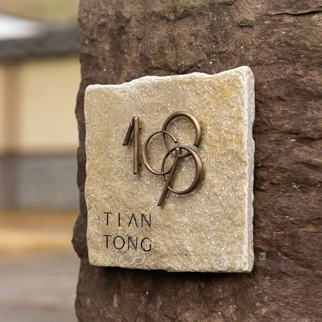 Luxury Hanging Sign – Custom Brass Words on Creek Stone Slab