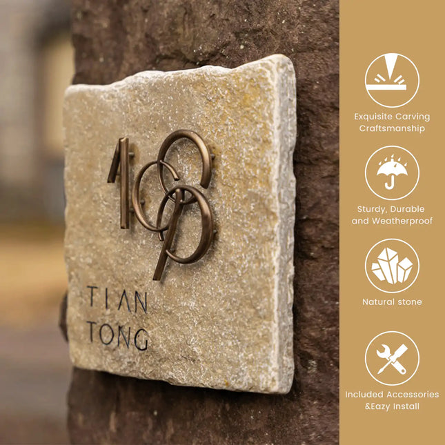 Luxury Hanging Sign – Custom Brass Words on Creek Stone Slab