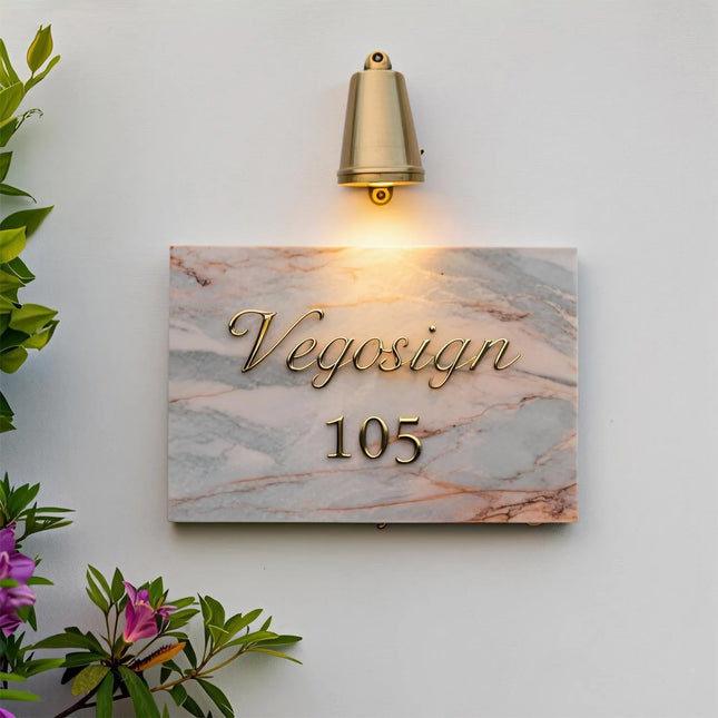 Luxury Marble House Sign with 3D Brass Letters – Weatherproof & Elegant