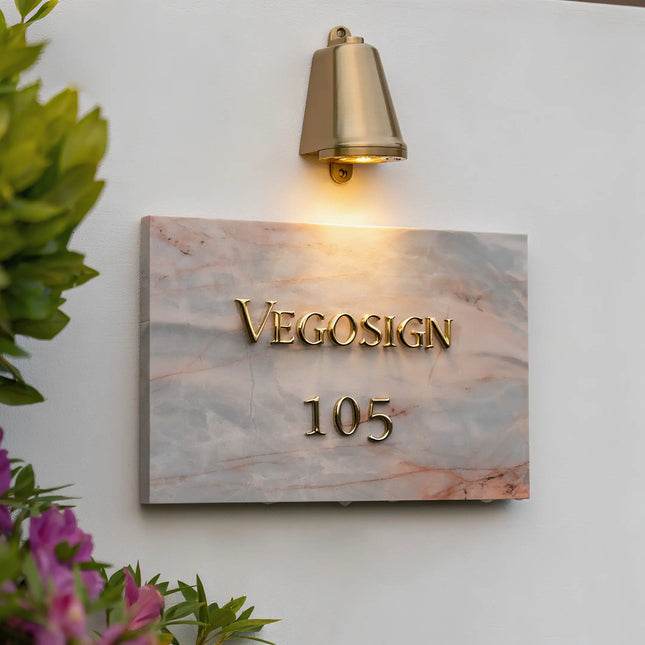 Luxury Marble House Sign with 3D Brass Letters – Weatherproof & Elegant