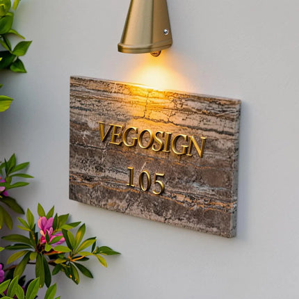 Luxury Marble House Sign with 3D Brass Letters – Weatherproof & Elegant