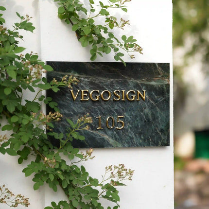 Luxury Marble House Sign with 3D Brass Letters – Weatherproof & Elegant