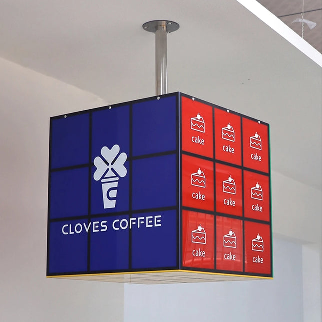 Rotating Cube Acrylic Hanging Shop Sign – Playful Design Custom 01