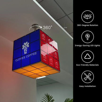 Rotating Cube Acrylic Hanging Shop Sign – Playful Design Custom 02