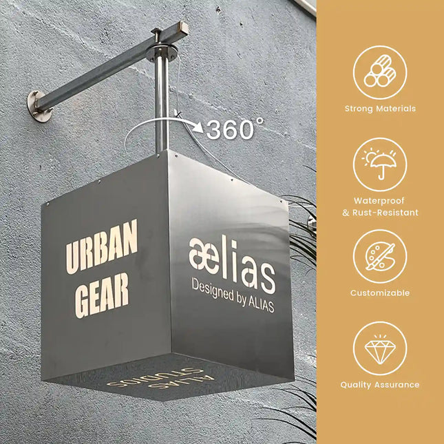 Rotating Cube Stainless Steel Hanging Sign – Simple Design Customized