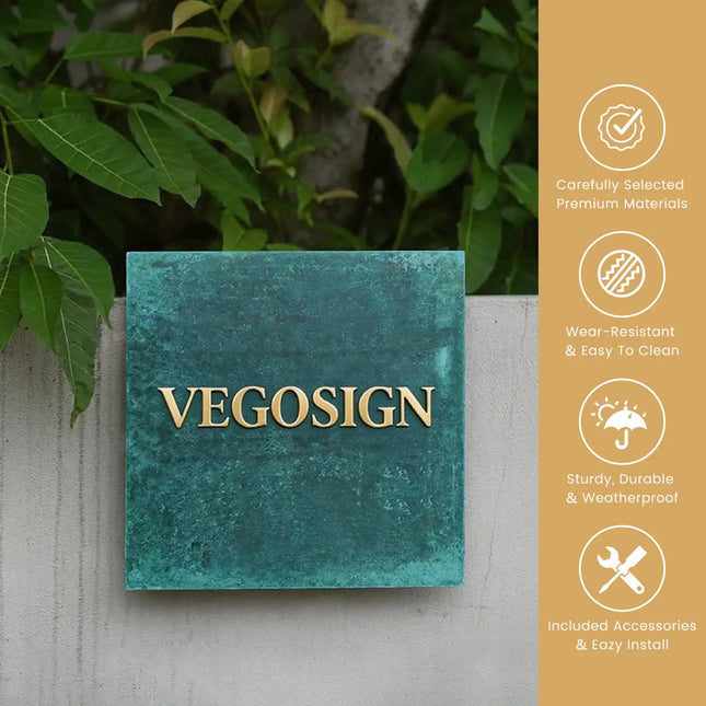 Vintage Brass Green Embossed Shop Sign, Flat Door Sign, Doorplate